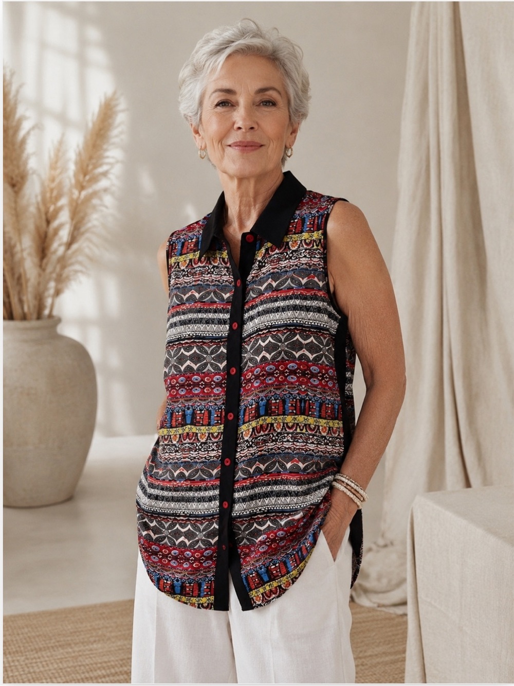 Boho Tunic Shirt Tribal Print Sleeveless Small Aztec Casual Travel Mtl Designer